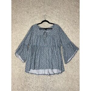 Robert Louis Blouse Womens Plus Size 3X Blue Floral Bell Sleeves Boho Spring